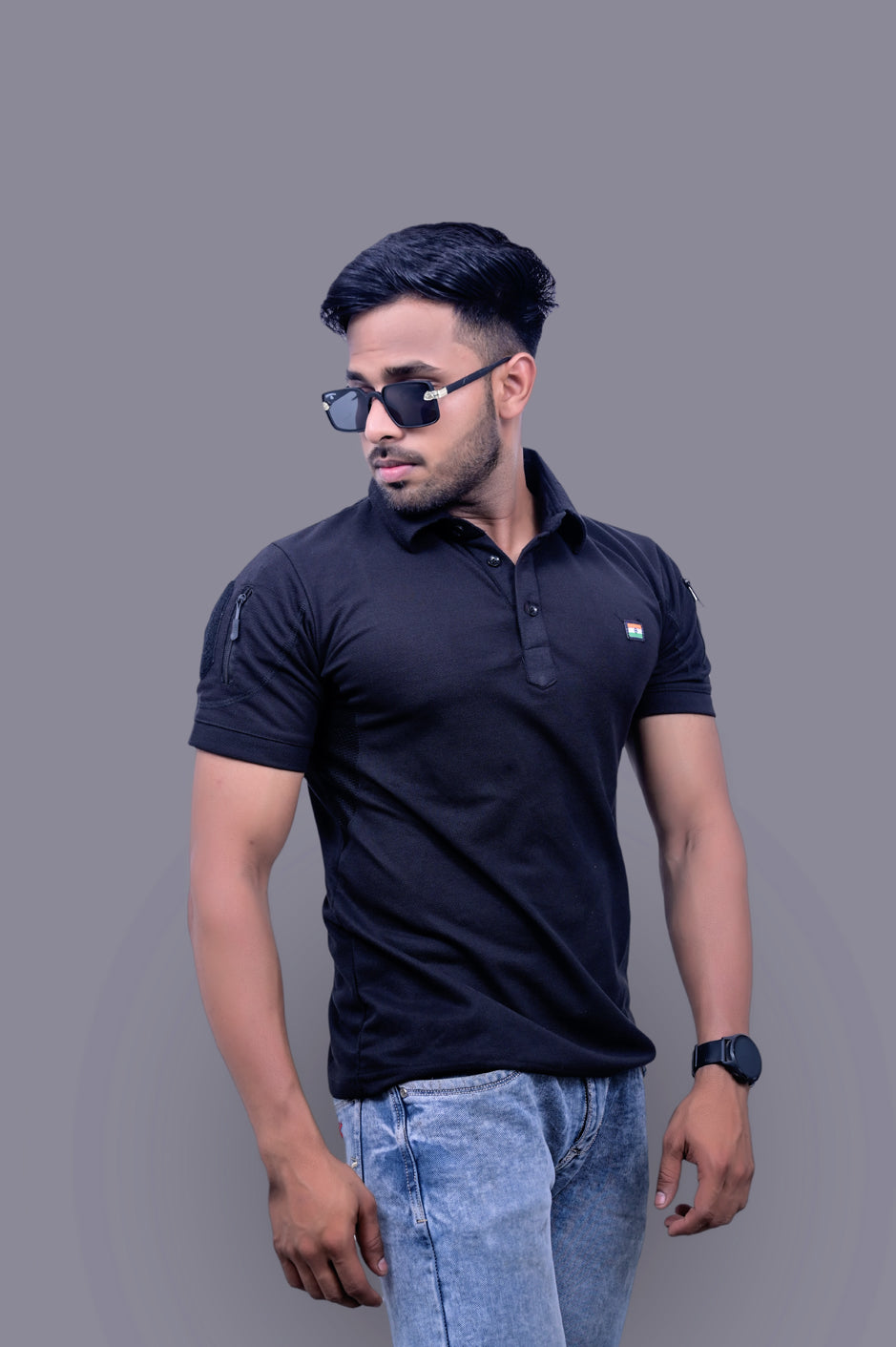 Black Mattee Tshirt With Indian Flag