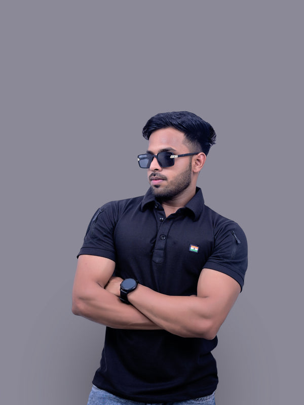 Black Mattee Half Sleeve Tshirt With Indian Flag