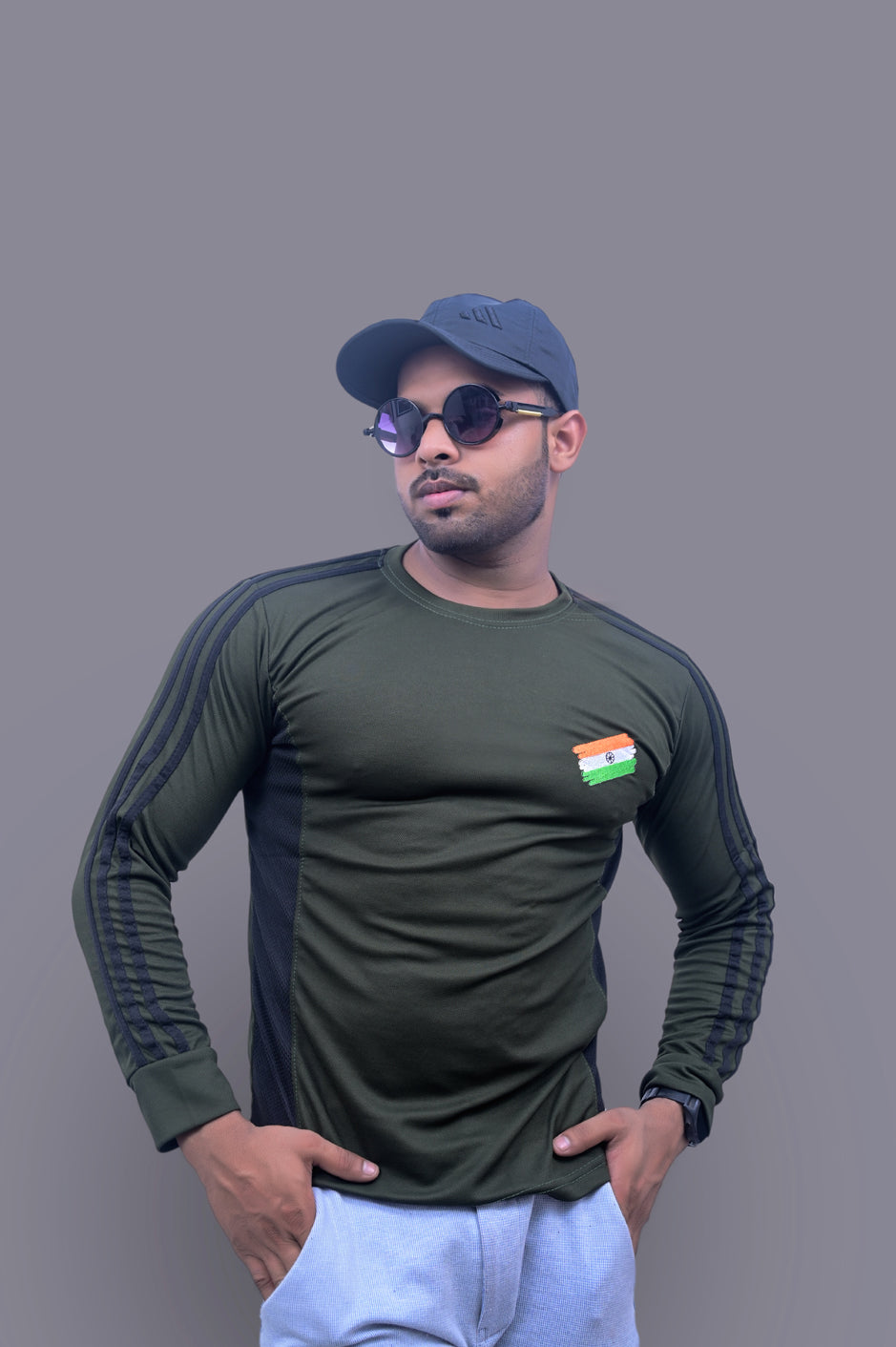 Full Sleeve COMMANDO Green T-shirt with Indian Flag