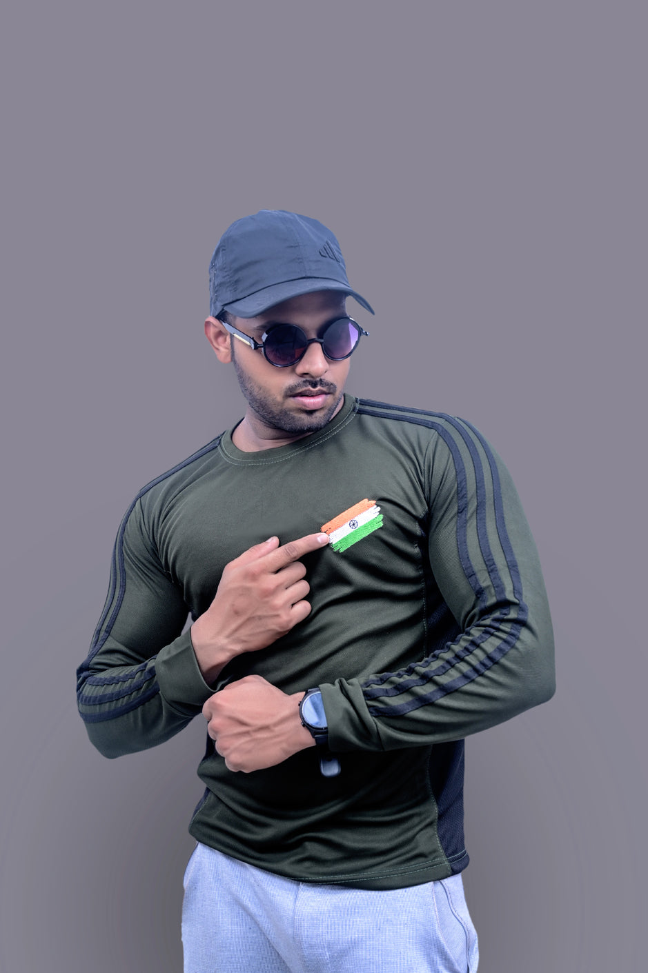 Full Sleeve COMMANDO Green T-shirt with Indian Flag