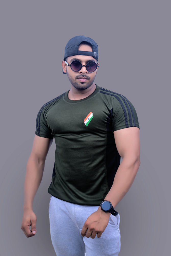 Military Green Commando Half Sleeve Tshirt with Indian Flag
