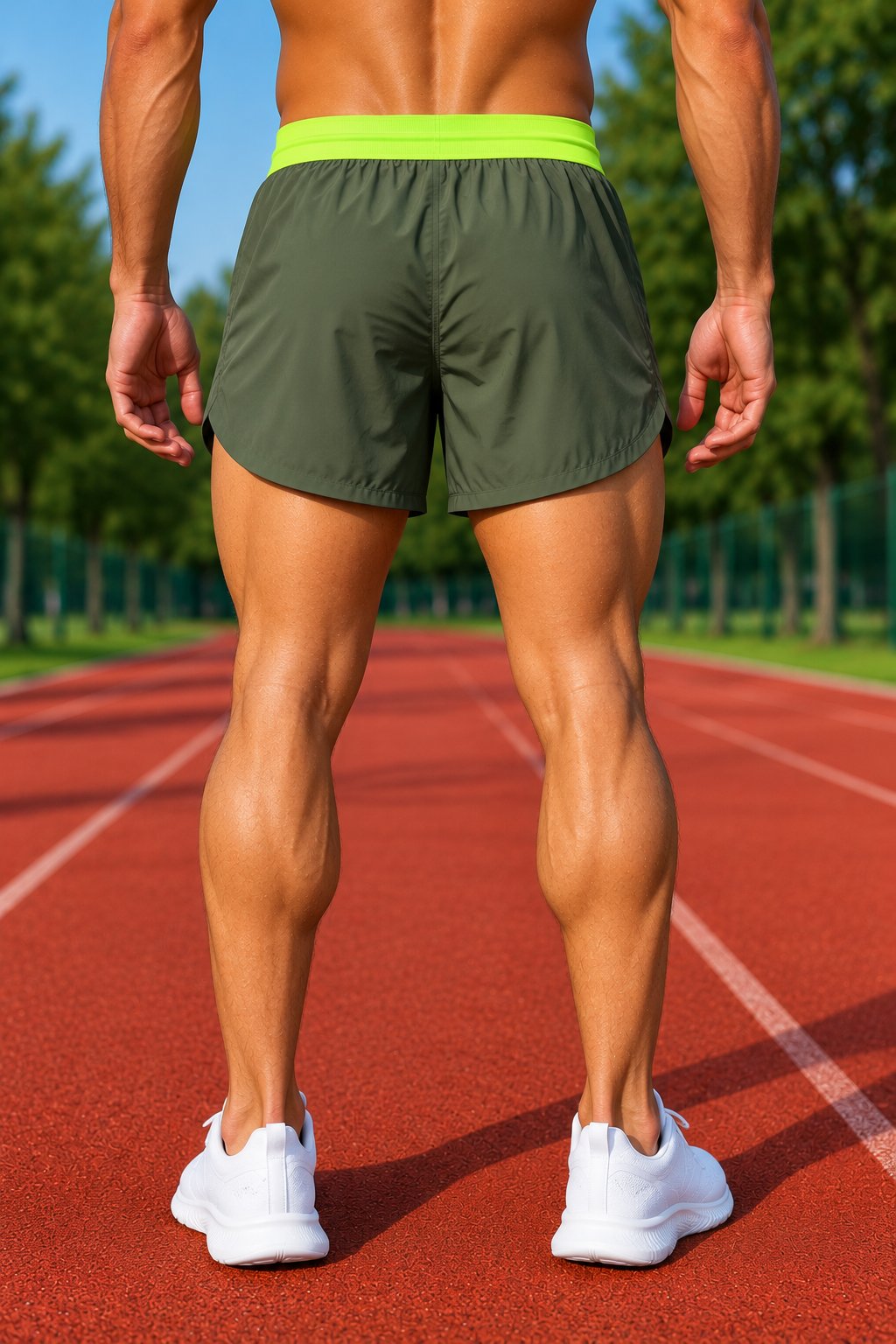 Olive Green Running Shorts with Neon Waistband