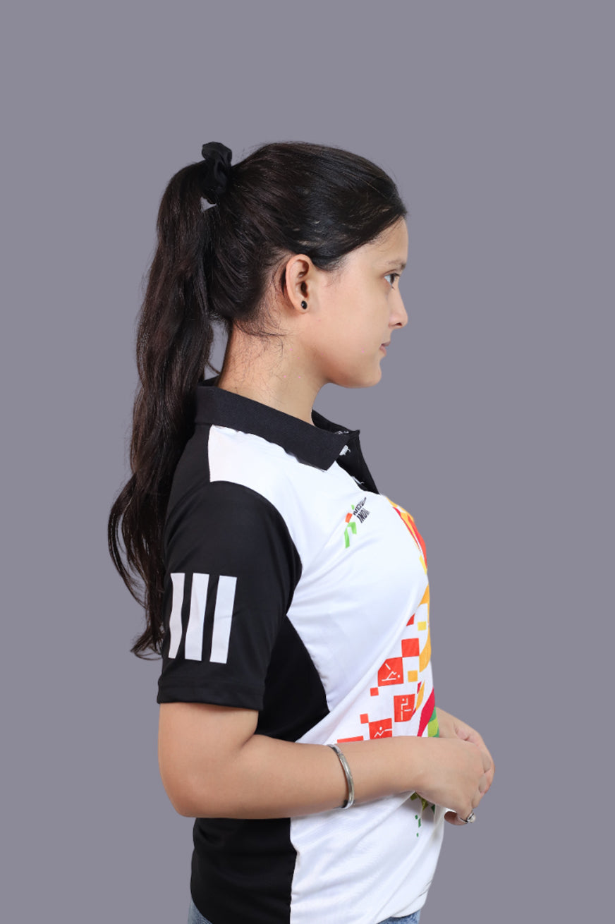 KHELO INDIA Black White Half Sleeve Sports T-Shirts for Women