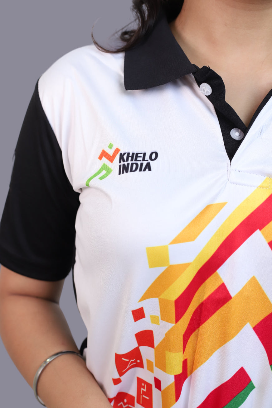 KHELO INDIA Black White Half Sleeve Sports T-Shirts for Women