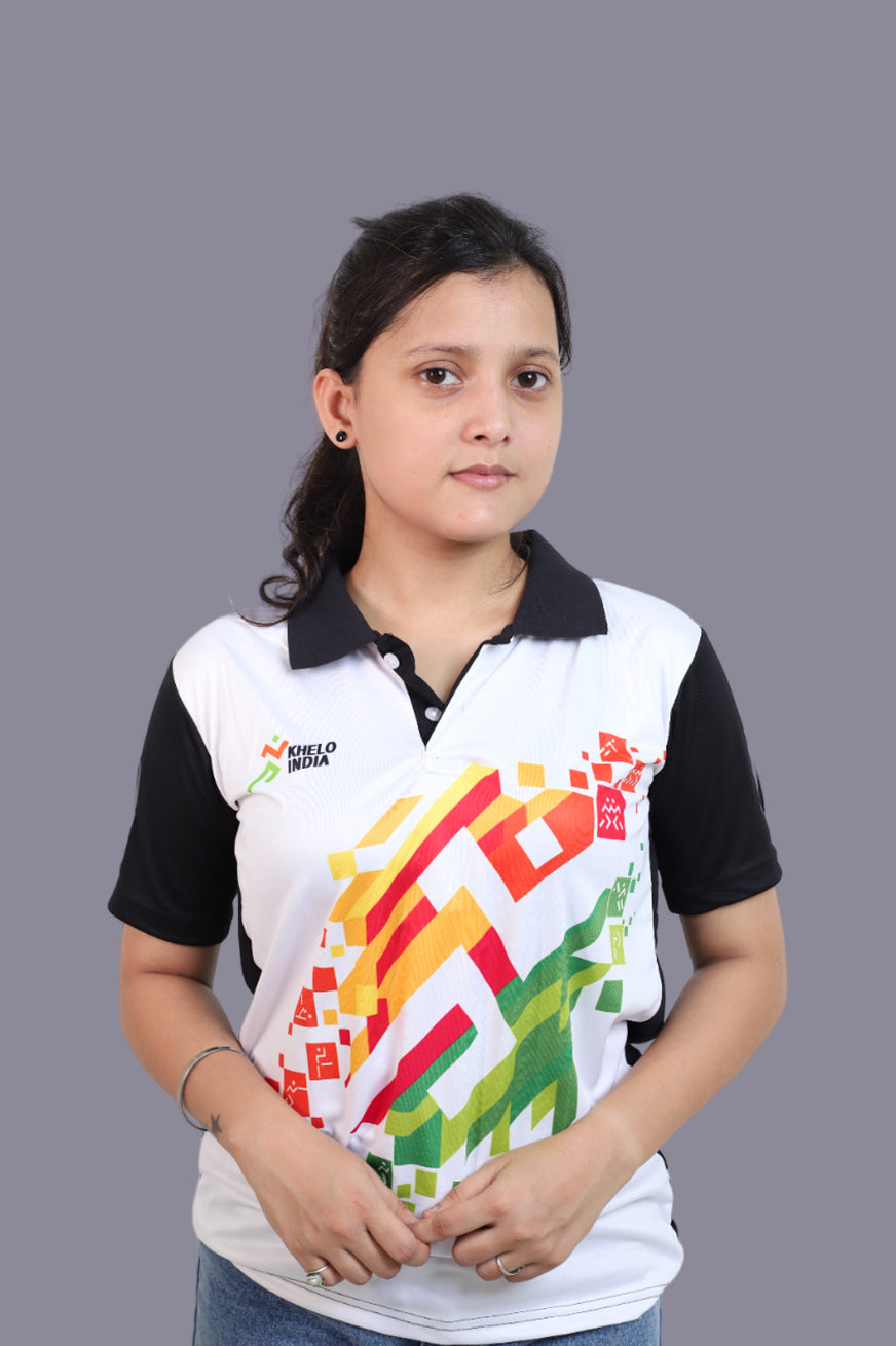 KHELO INDIA Black White Half Sleeve Sports T-Shirts for Women