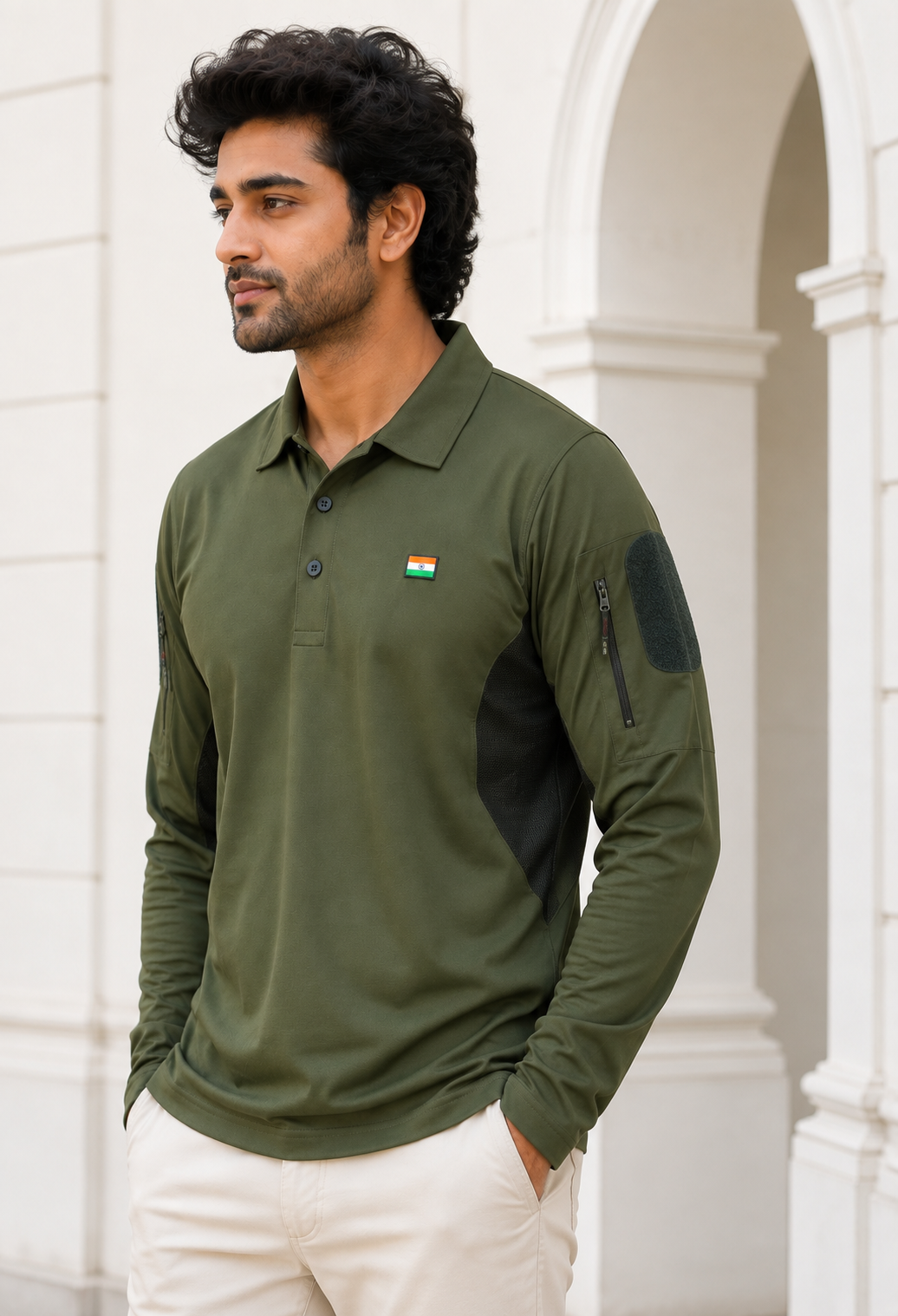 Olive Full Sleeve Mattee T-Shirt with Indian Flag