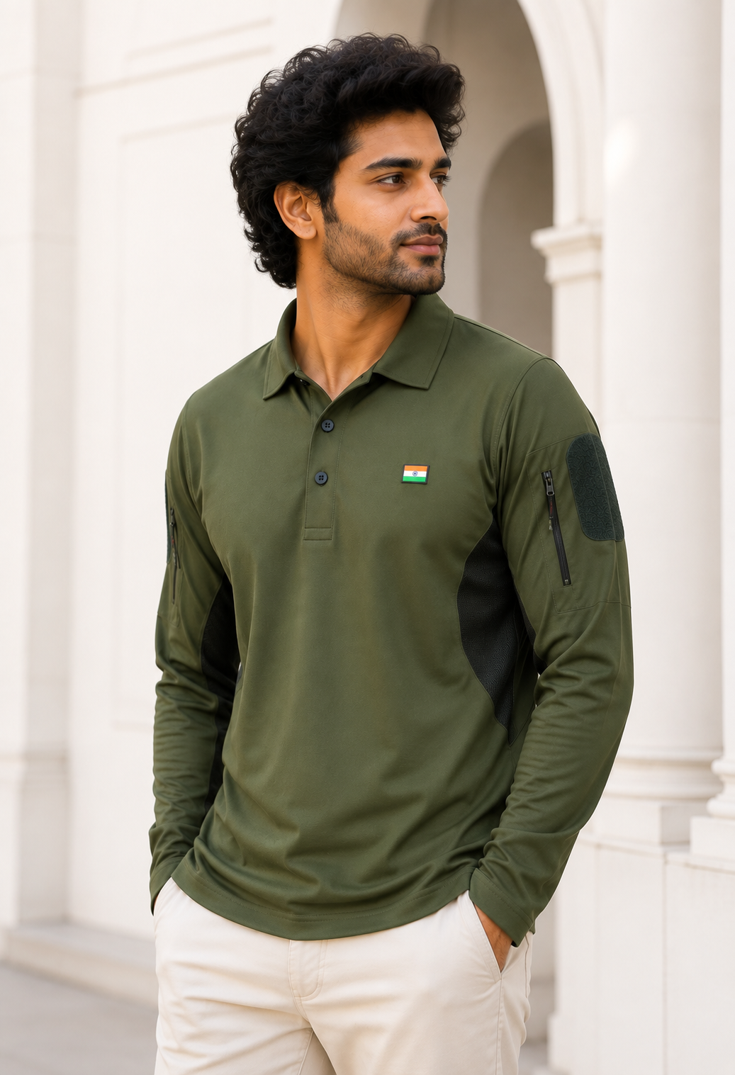 Olive Full Sleeve Mattee T-Shirt with Indian Flag