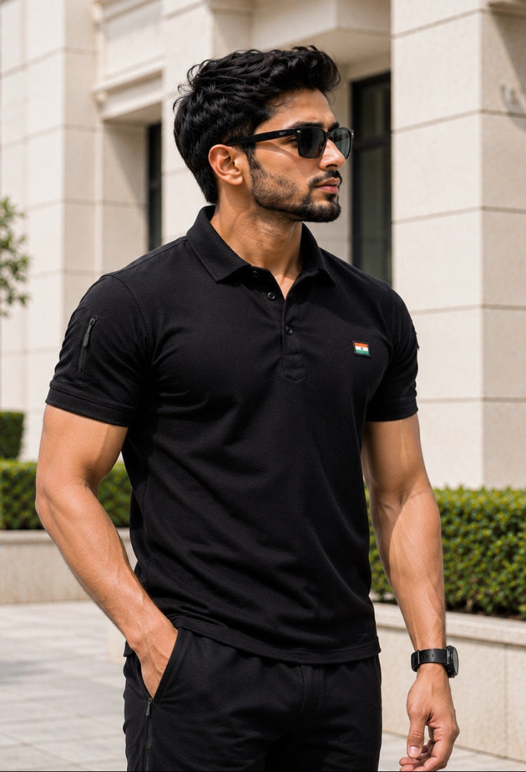 Black Mattee Half Sleeve Tshirt With Indian Flag