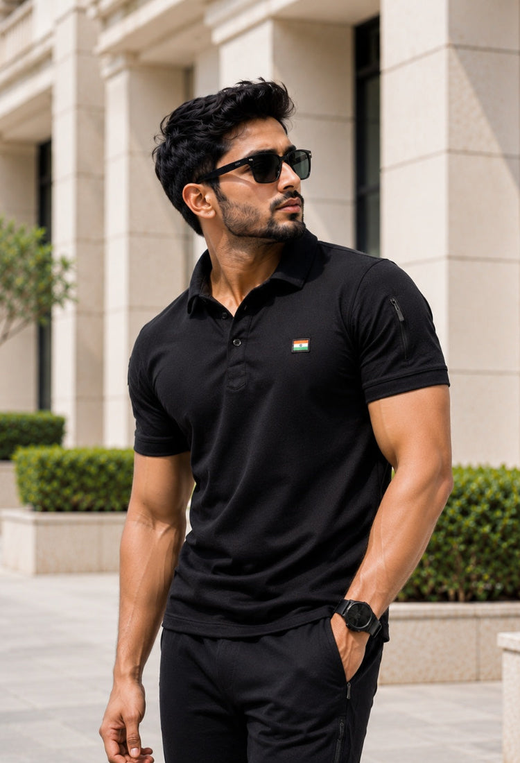 Black Mattee Half Sleeve Tshirt With Indian Flag