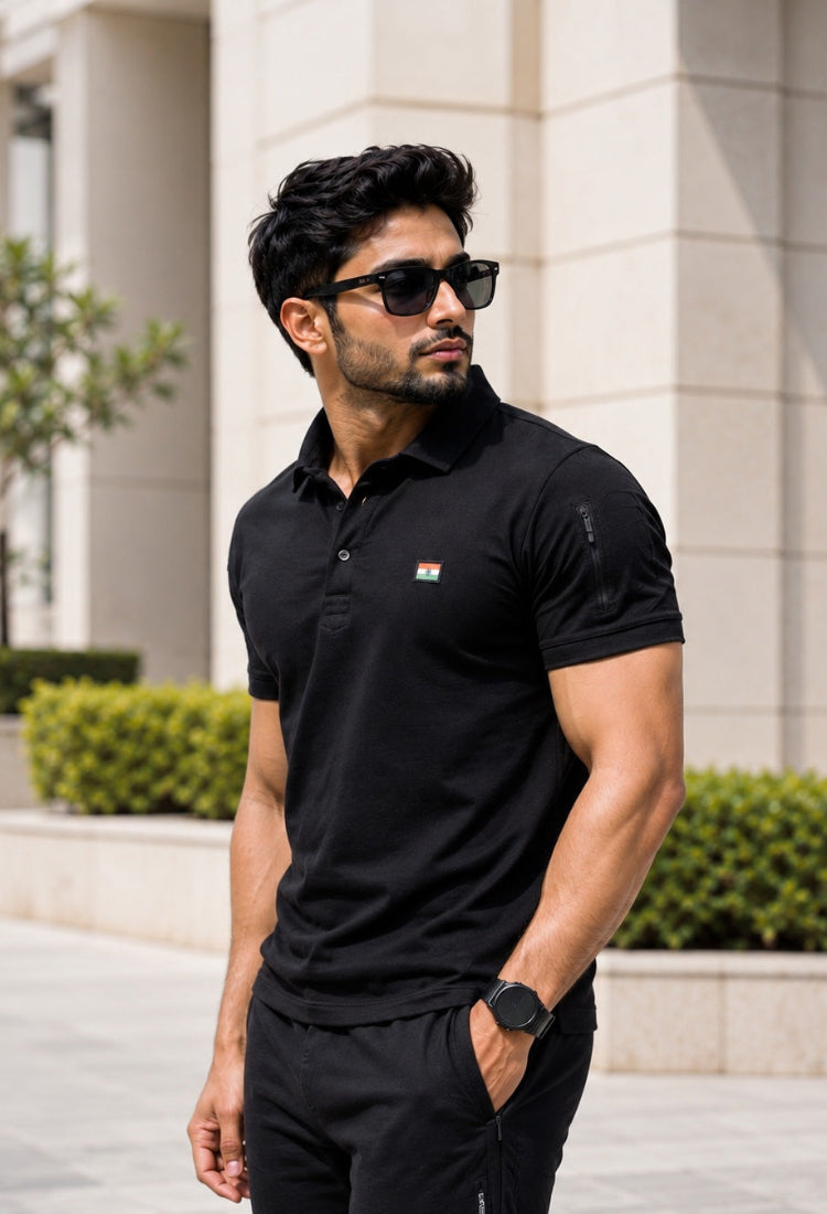 Black Mattee Half Sleeve Tshirt With Indian Flag