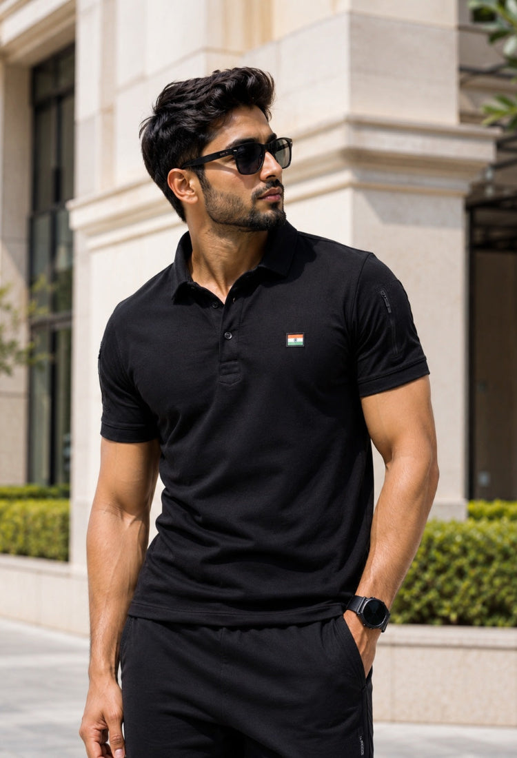 Black Mattee Half Sleeve Tshirt With Indian Flag