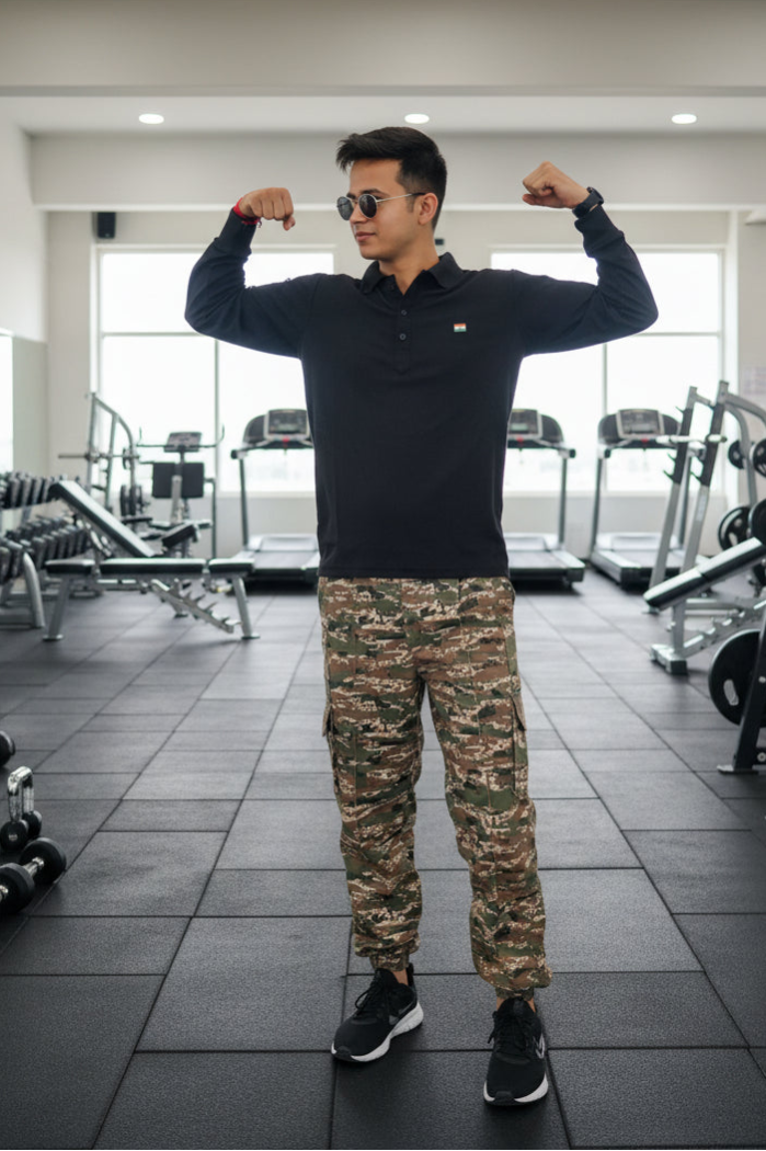 Black Mattee Full Sleeve T-shirt with Indian Flag