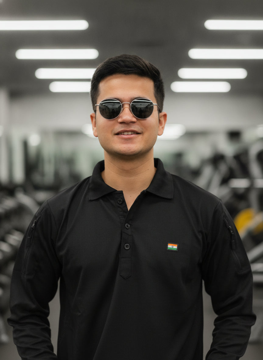 Black Mattee Full Sleeve T-shirt with Indian Flag