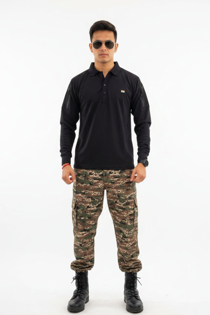 Black Mattee Full Sleeve T-shirt with Indian Flag