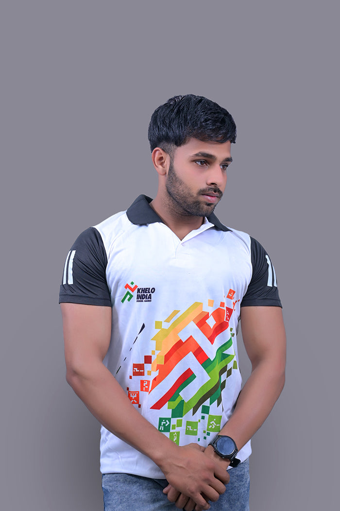 KHELO INDIA Black White Half Sleeve Sports T-Shirts â Veer Vastra
