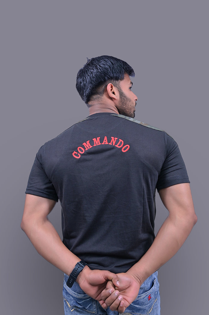 COMMANDO Half Sleeve Black T-Shirt with Indian Flag