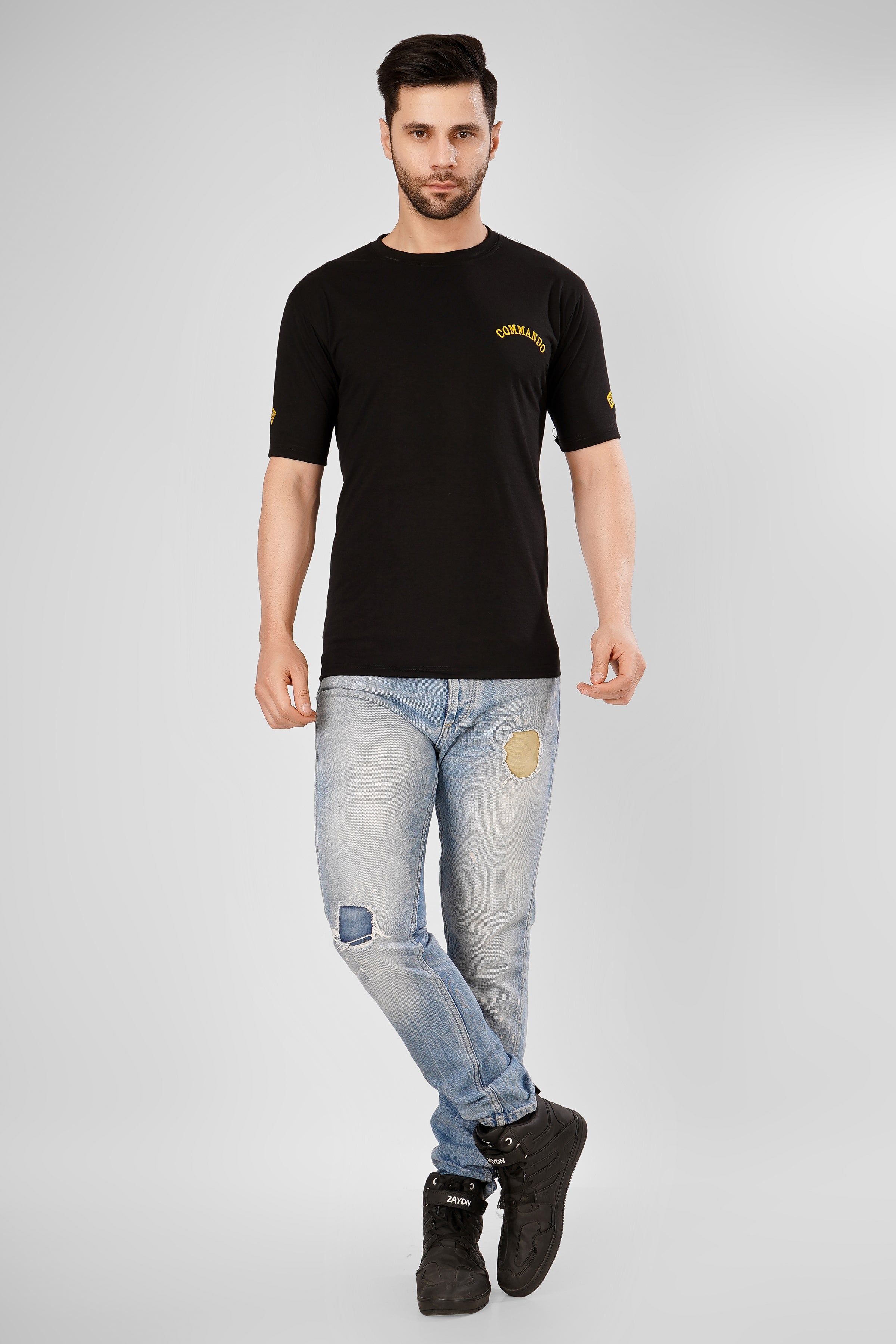 Commando Half Sleeve Black Cotton Tshirt