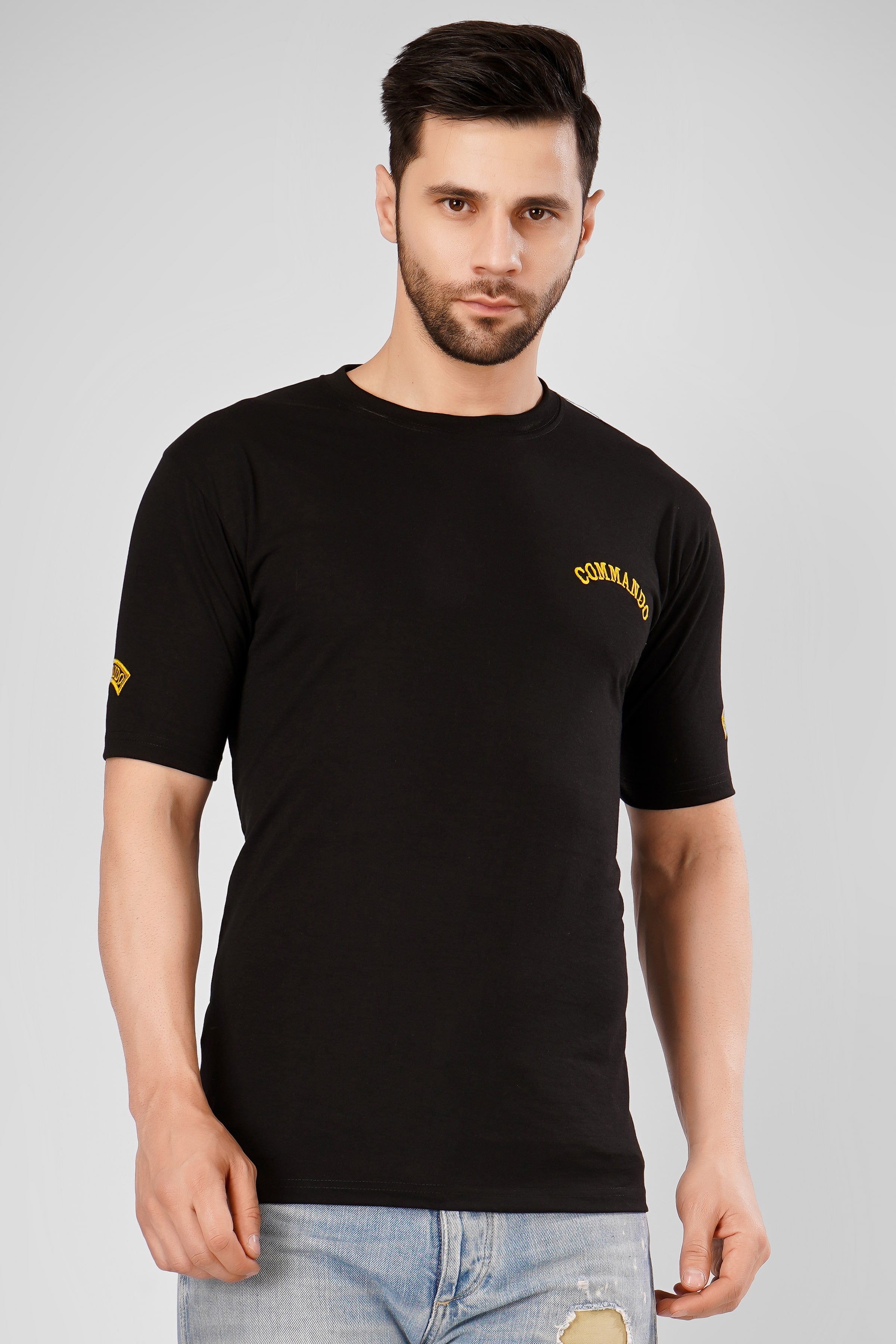 Commando Half Sleeve Black Cotton Tshirt