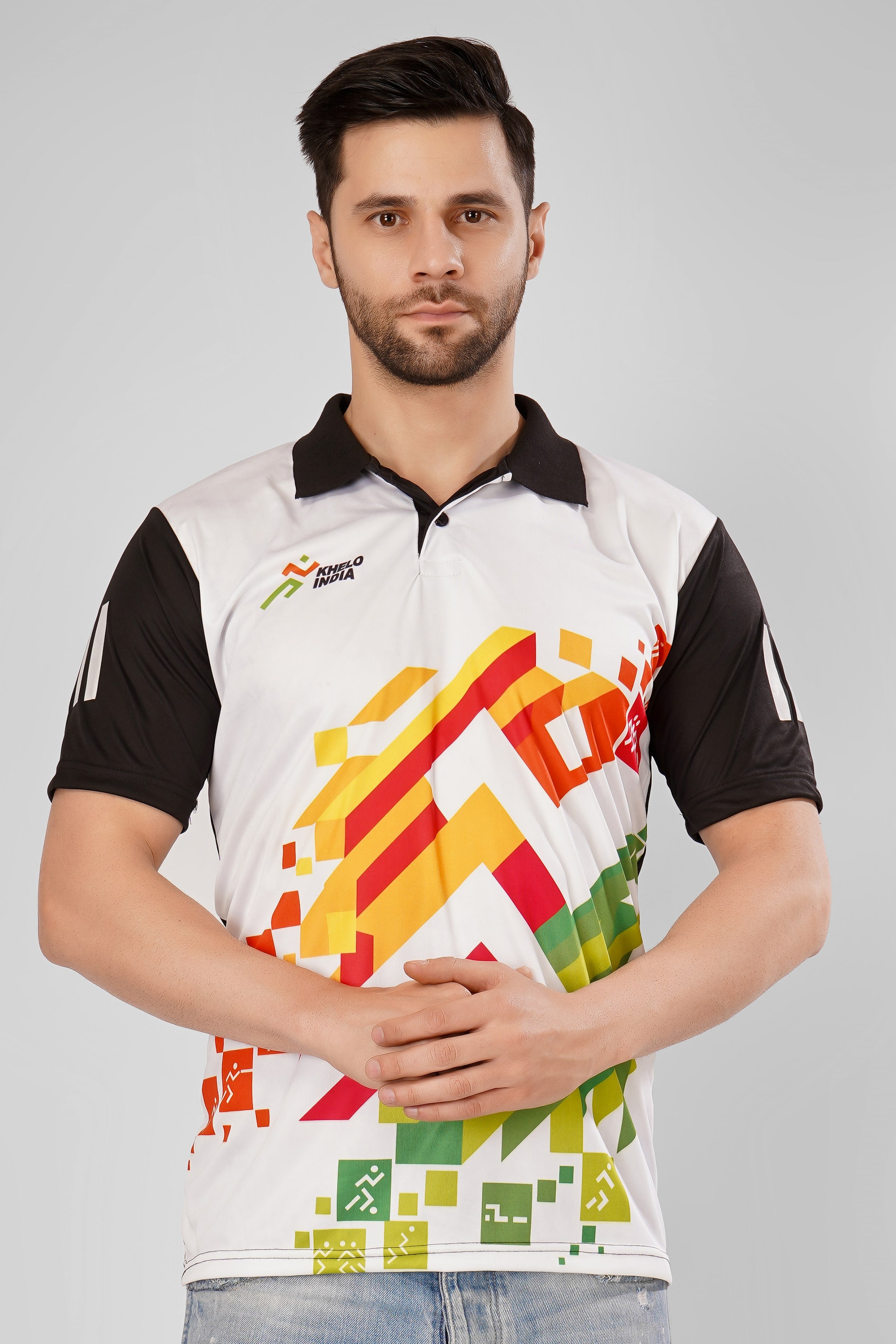 KHELO INDIA Black White Sports T-Shirts