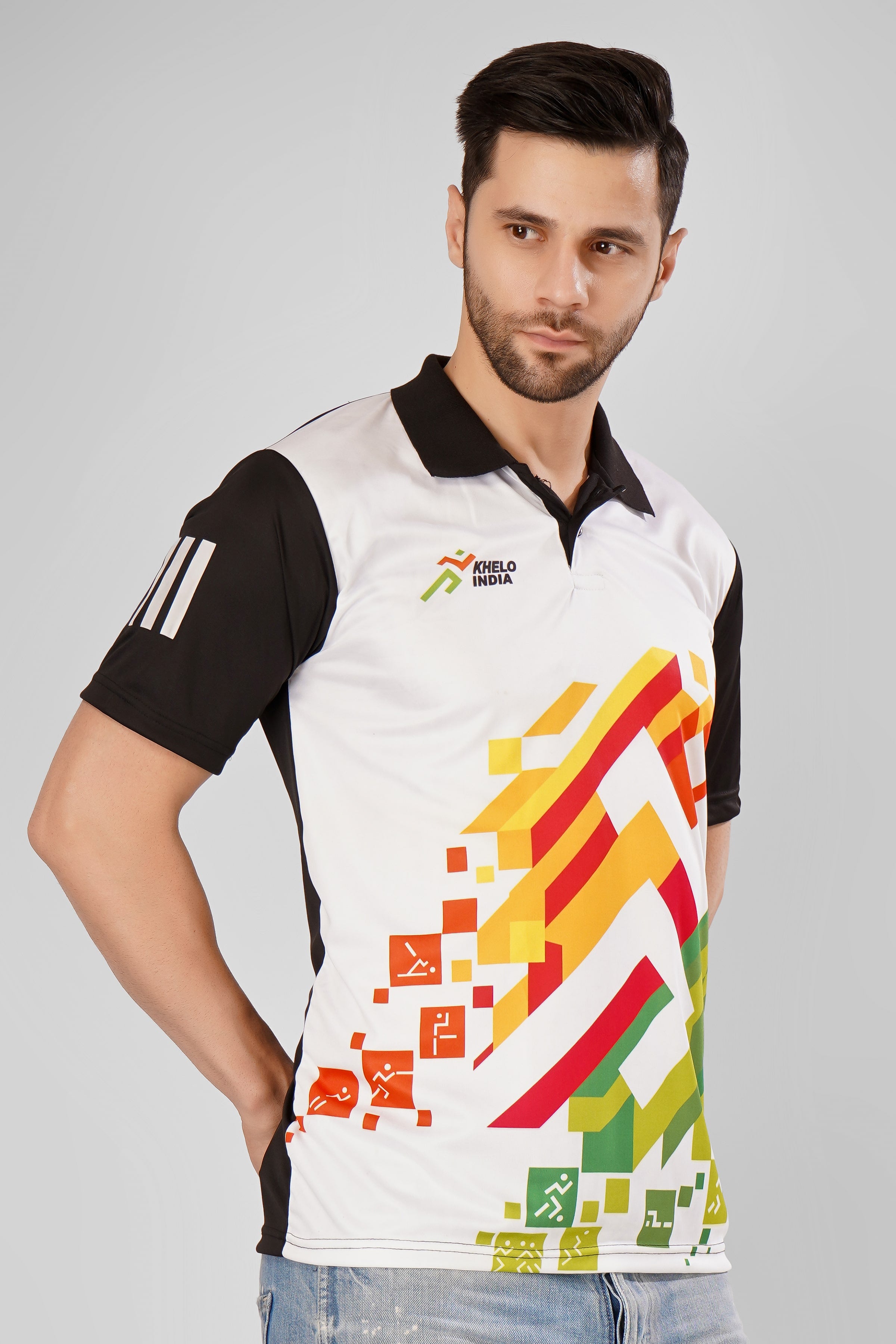 KHELO INDIA Black White Sports T-Shirts