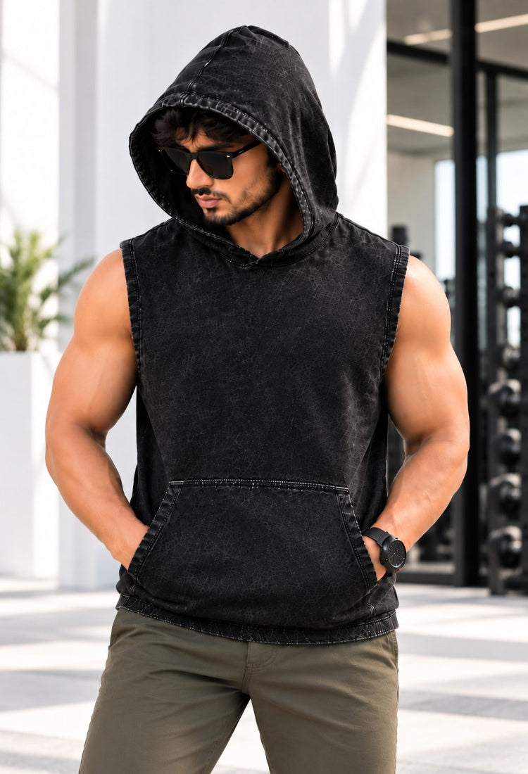 India Radium Print Acid Wash Sleeveless Hoodie