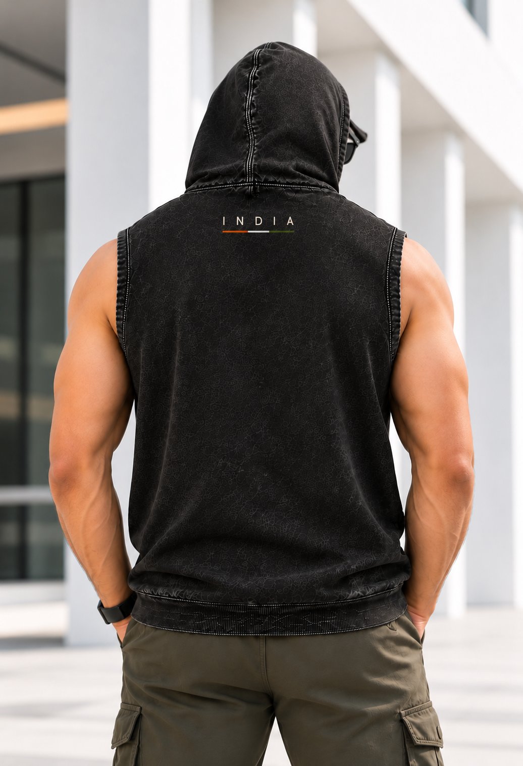 India Acid Wash Sleeveless Black Hoodie