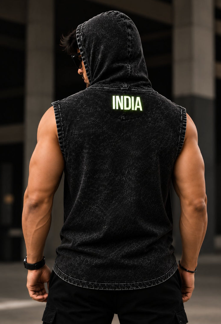 India Radium Print Acid Wash Sleeveless Hoodie