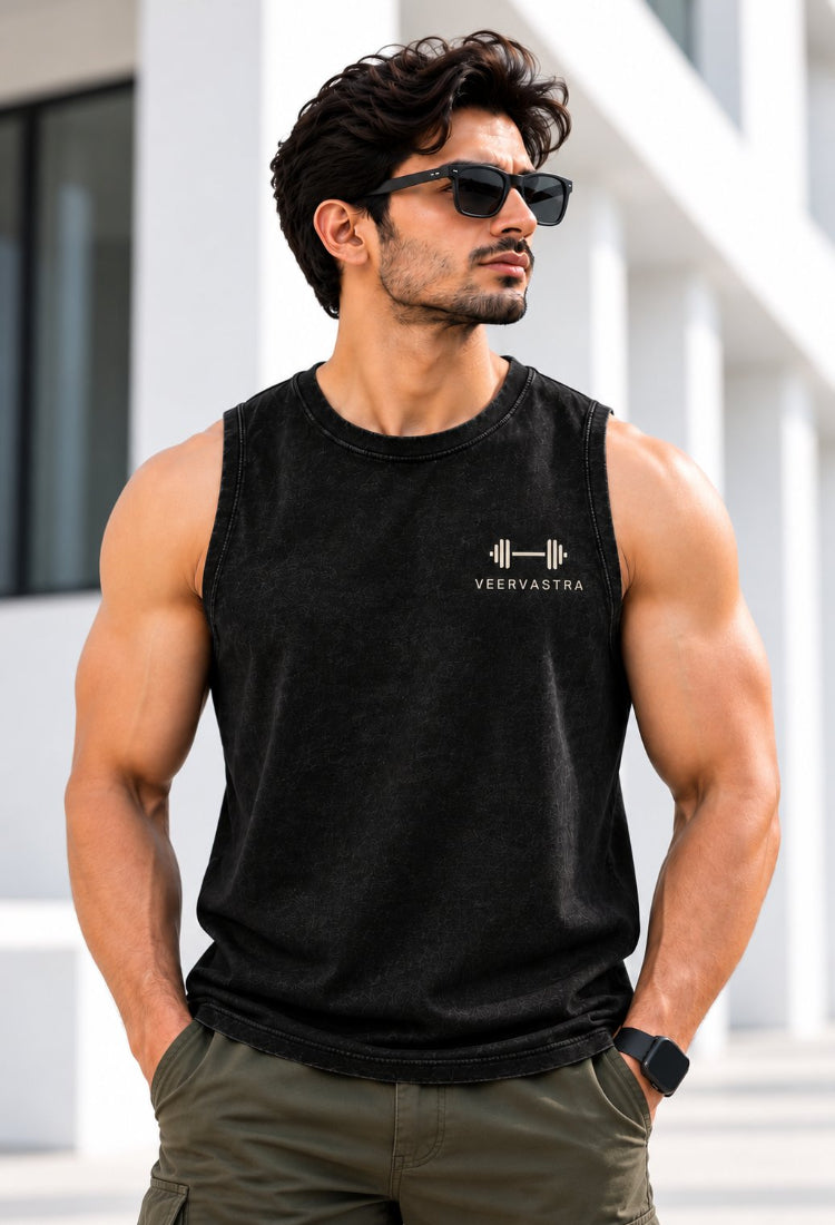 Black Acid Wash Premium Gym Sando