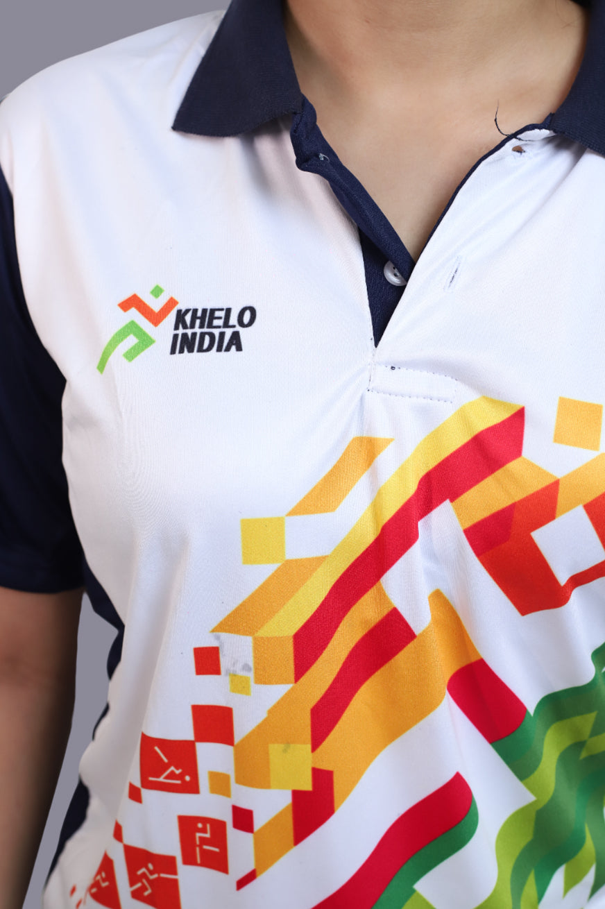 KHELO INDIA Blue White Half Sleeve Sports T-Shirt for Women