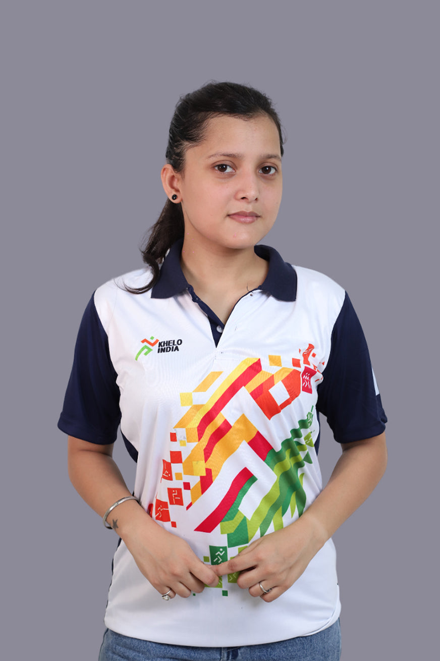 KHELO INDIA Blue White Half Sleeve Sports T-Shirt for Women