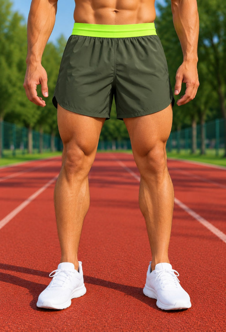 Olive Green Running Shorts with Neon Waistband