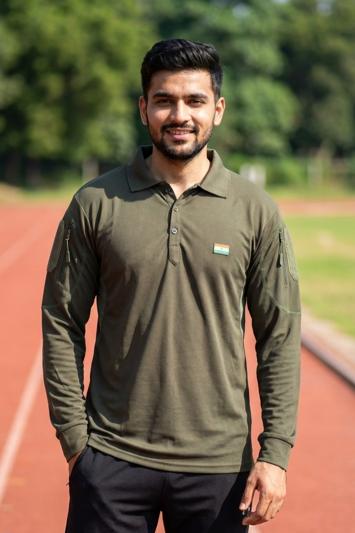 Olive Full Sleeve Mattee T-Shirt with Indian Flag