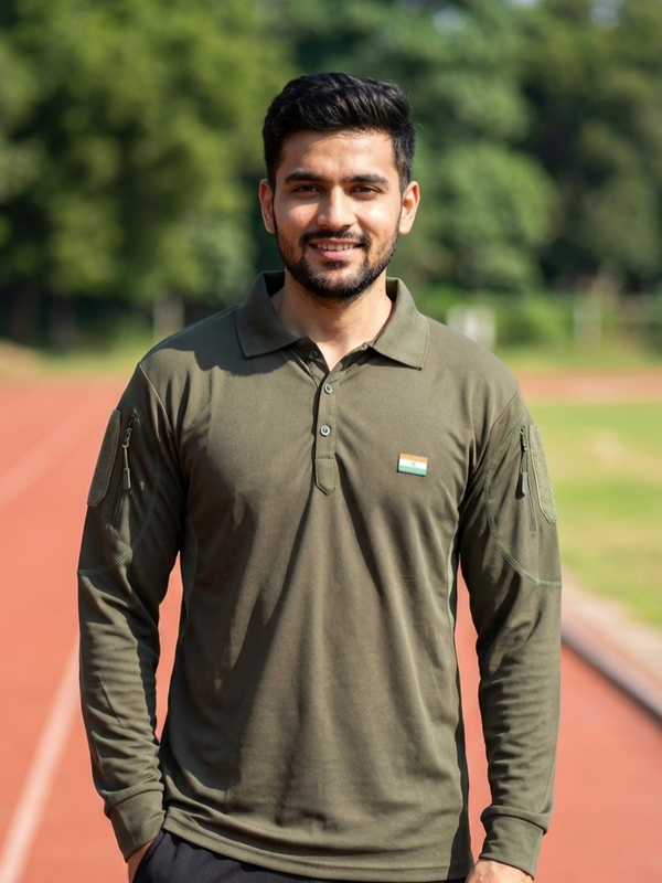 Olive Full Sleeve Mattee T-Shirt with Indian Flag