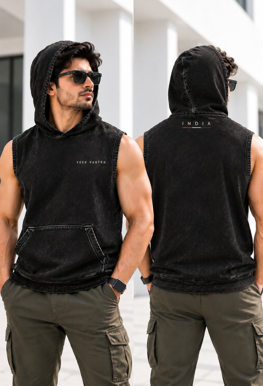 India Acid Wash Sleeveless Black Hoodie