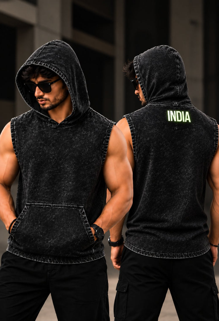 India Radium Print Acid Wash Sleeveless Hoodie