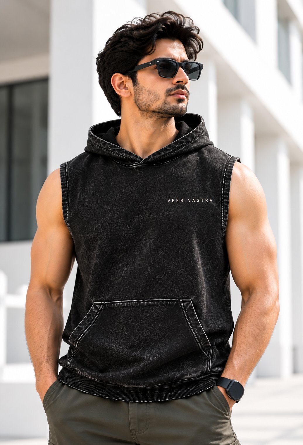 India Acid Wash Sleeveless Black Hoodie