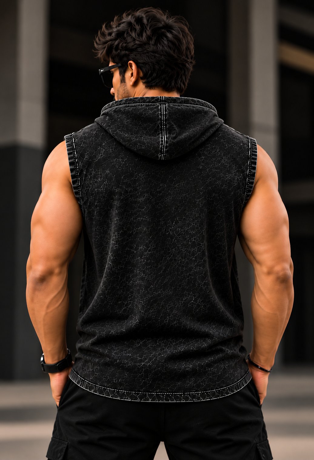 India Radium Print Acid Wash Sleeveless Hoodie