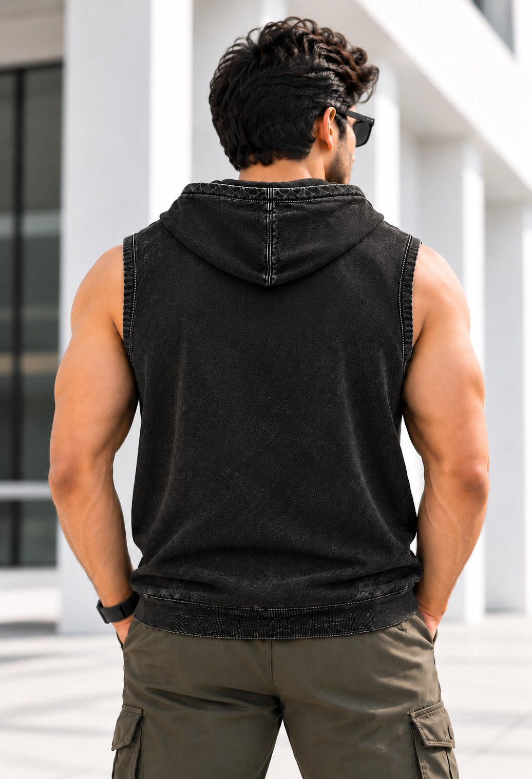 India Acid Wash Sleeveless Black Hoodie