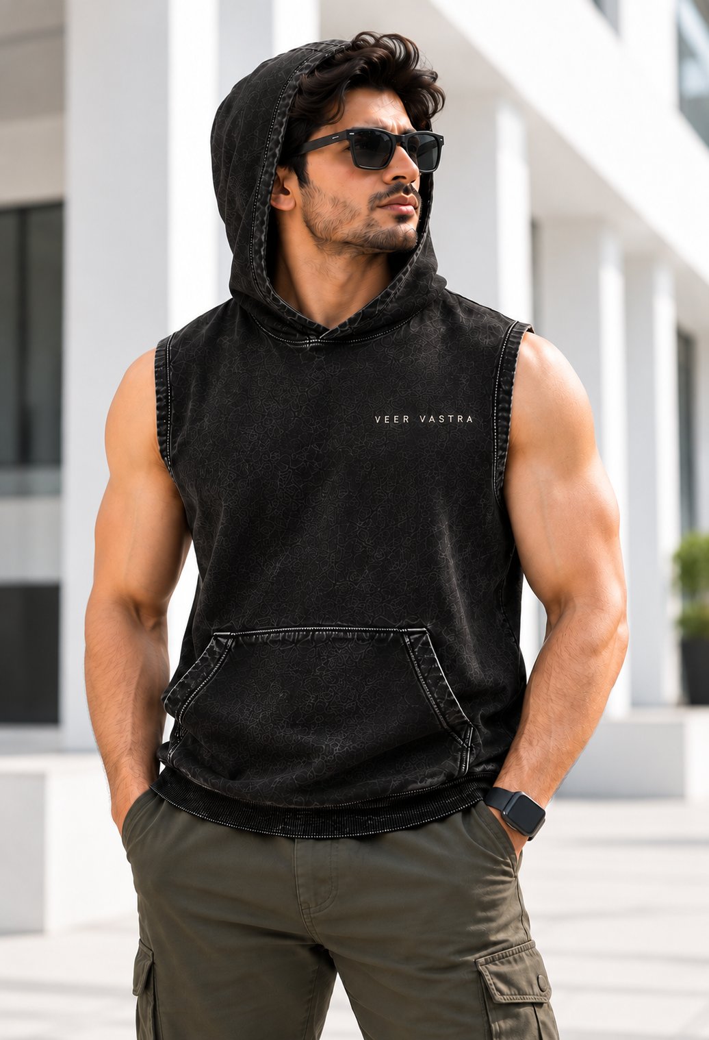 India Acid Wash Sleeveless Black Hoodie