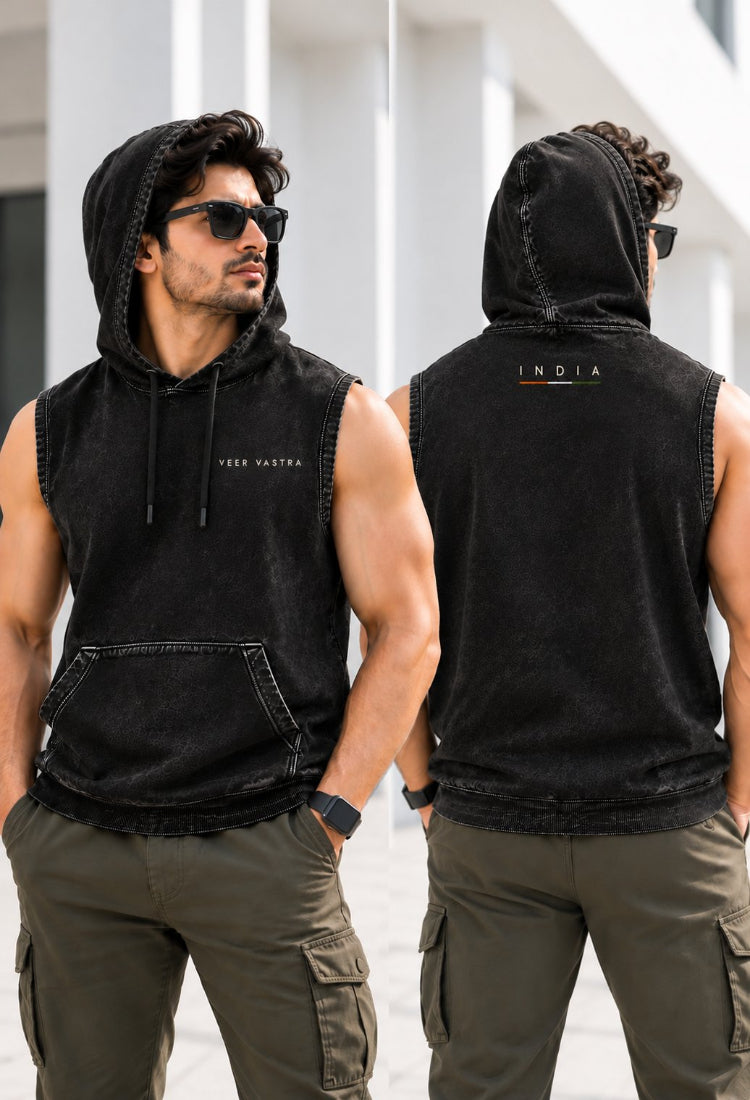India Acid Wash Sleeveless Black Hoodie