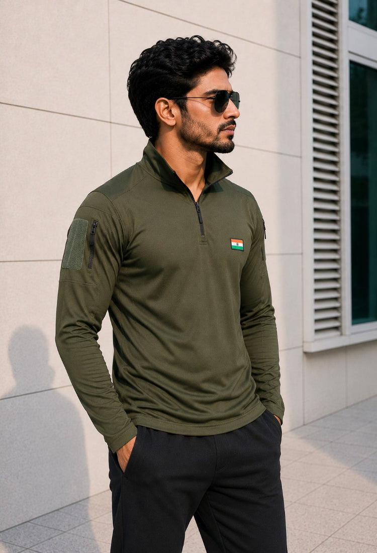 Olive Full Sleeve Mattee T-Shirt with Indian Flag