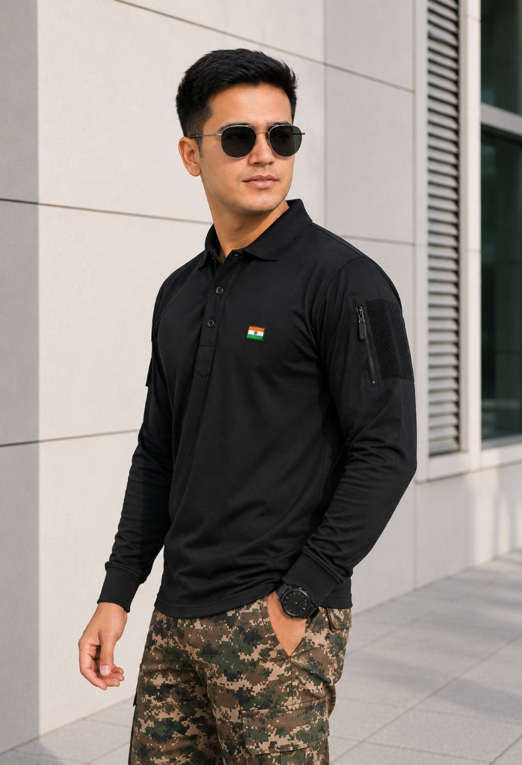 Black Mattee Full Sleeve T-shirt with Indian Flag