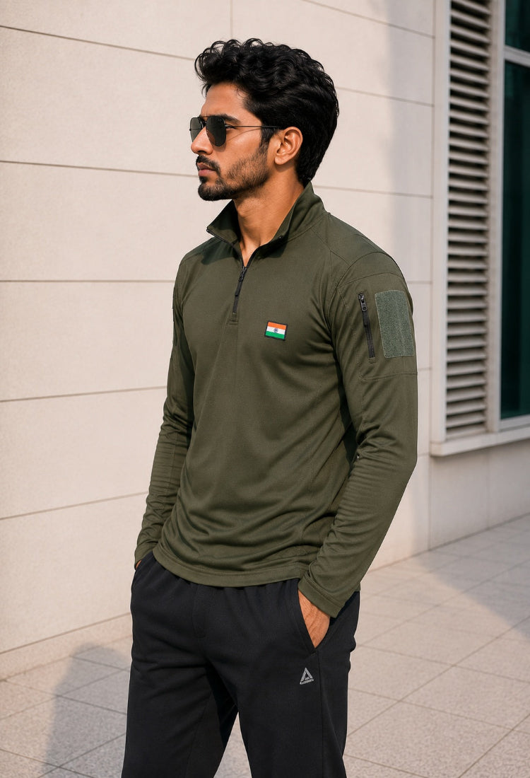Olive Full Sleeve Mattee T-Shirt with Indian Flag