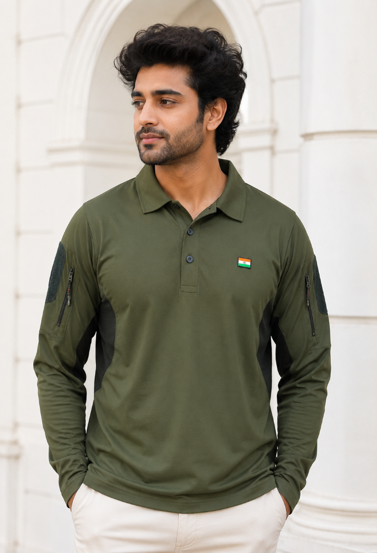 Olive Full Sleeve Mattee T-Shirt with Indian Flag