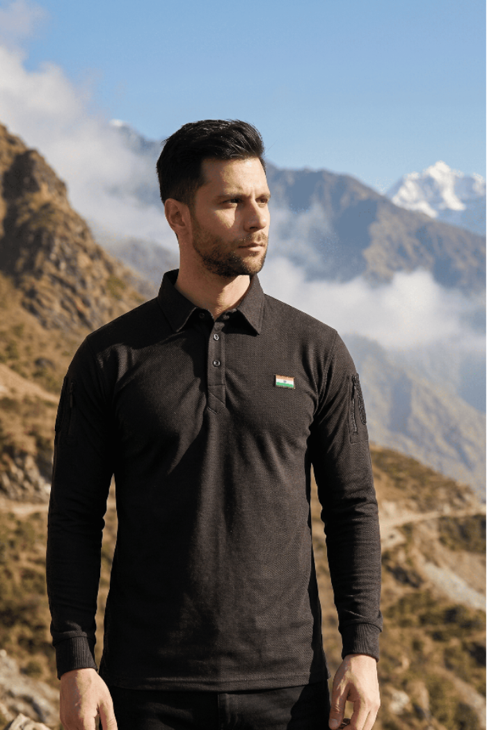 Black Mattee Full Sleeve T-shirt with Indian Flag