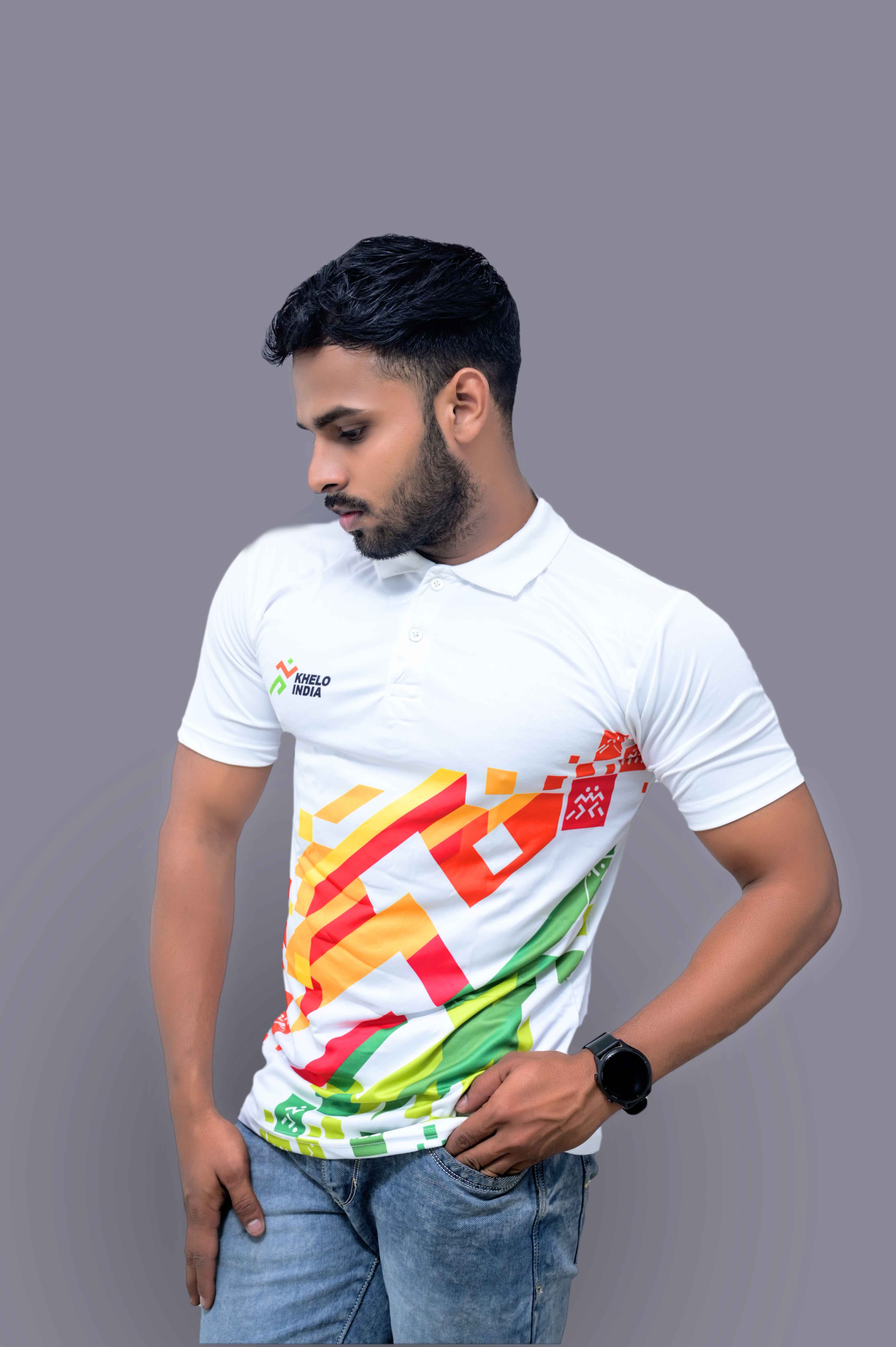 KHELO INDIA White Sports T-Shirts