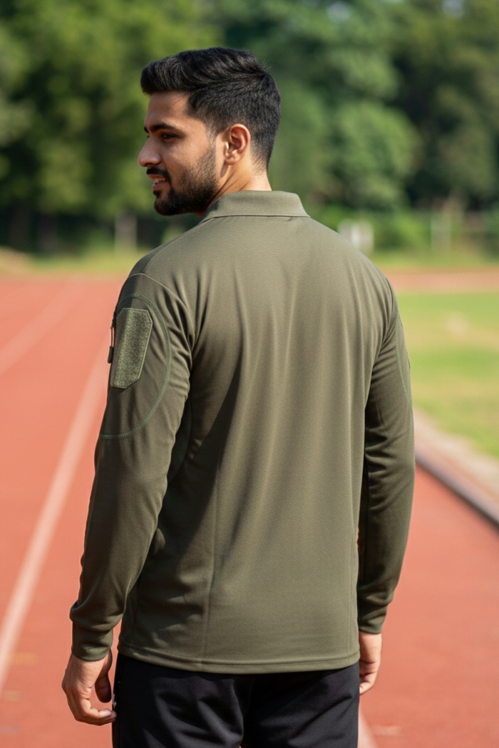 Olive Full Sleeve Mattee T-Shirt with Indian Flag
