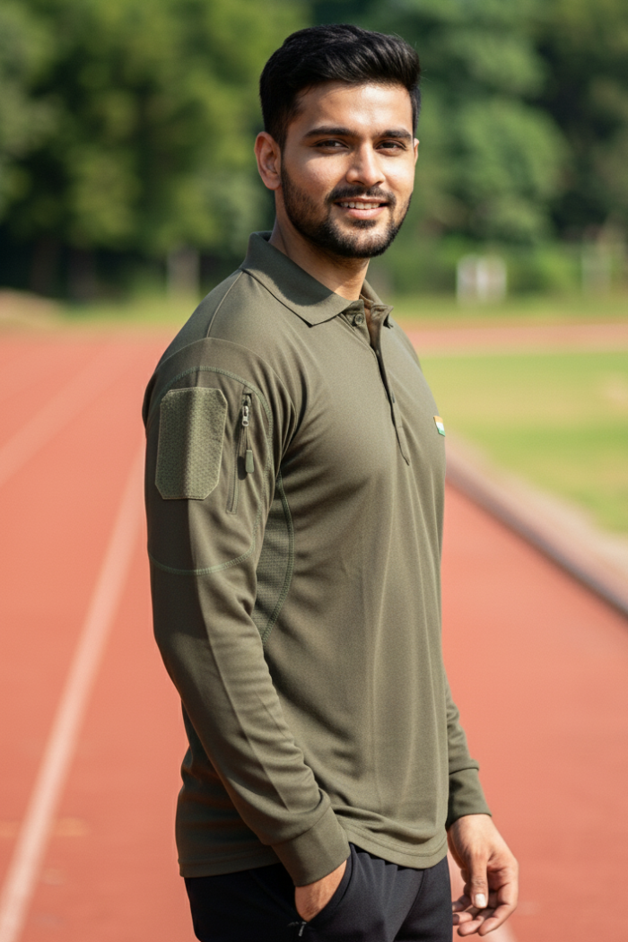 Olive Full Sleeve Mattee T-Shirt with Indian Flag