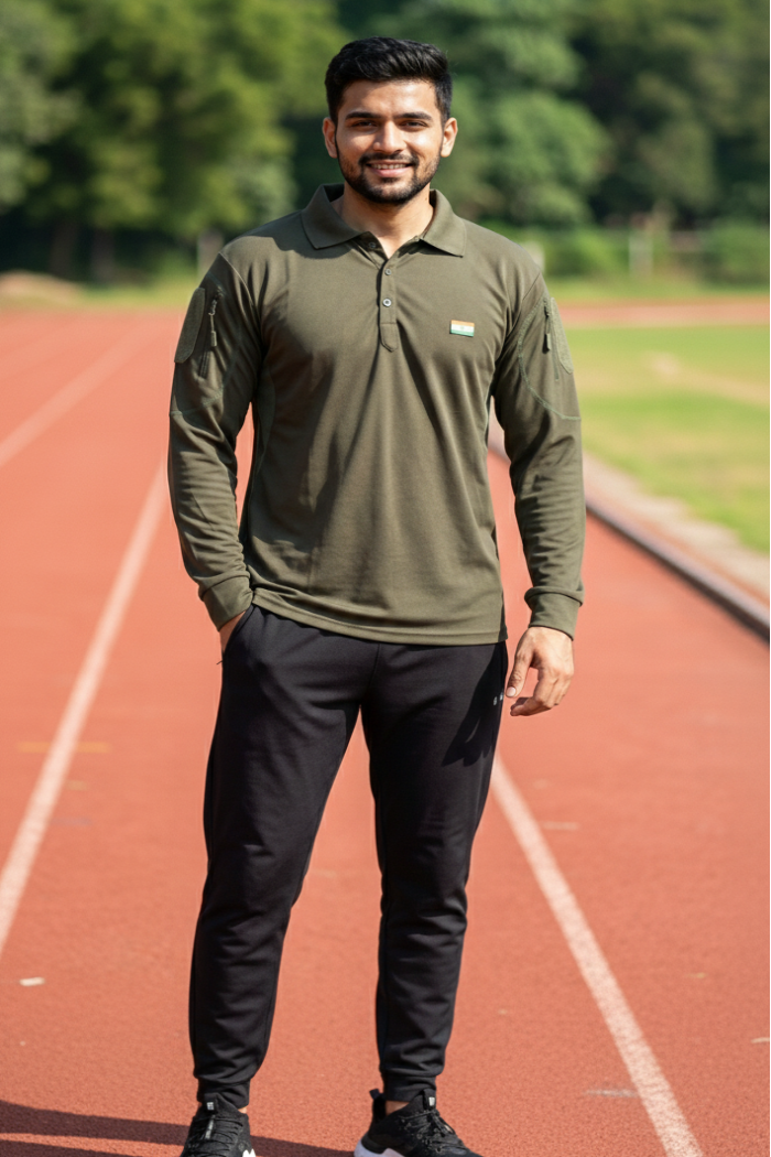 Olive Full Sleeve Mattee T-Shirt with Indian Flag