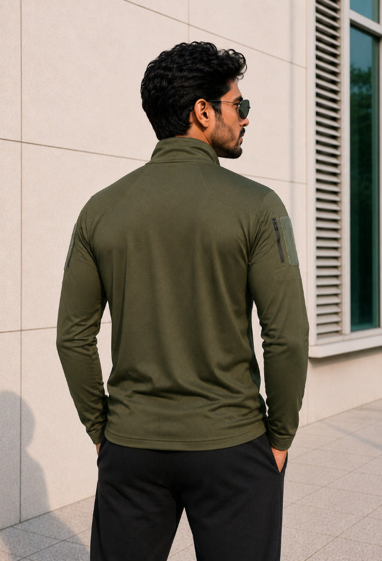 Olive Full Sleeve Mattee T-Shirt with Indian Flag